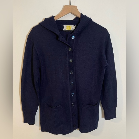 Vintage Fancy That Navy Blue Hooded Cardigan Sweater Size Medium Made In Korea - Picture 1 of 9